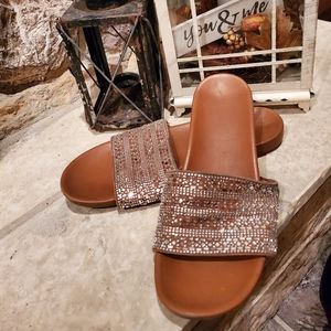 Tan slip on bling sandals